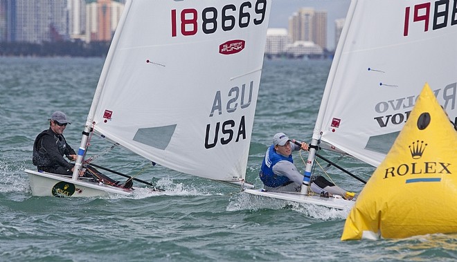 Brad Funk, USA and Paul Goodison, GBR at the windward mark, Laser - Miami OCR &copy;  Rolex/Daniel Forster http://www.regattanews.com
